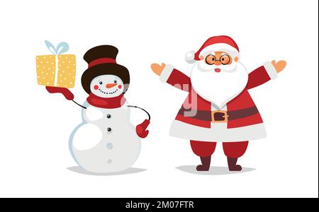 Simpatico Babbo Natale e pupazzo di neve con regalo, set di personaggi per Natale, illustrazione vettoriale isolata su uno sfondo bianco Illustrazione Vettoriale