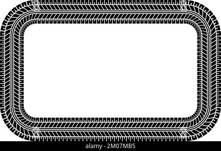 Telaio rettangolare battistrada pneumatico automatico. Disegno dei pneumatici per auto e moto, stampa del battistrada dei pneumatici delle ruote. Bordo quadrato dello pneumatico nero. Illustrazione del vettore isolata Illustrazione Vettoriale