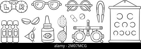 Set di icone per oftalmologia, optometria disegnate a mano. Tabella dei test di visione, lenti a contatto, gocce e occhiali in stile doodle. Optometria doodle oggetti. Vettore Illustrazione Vettoriale