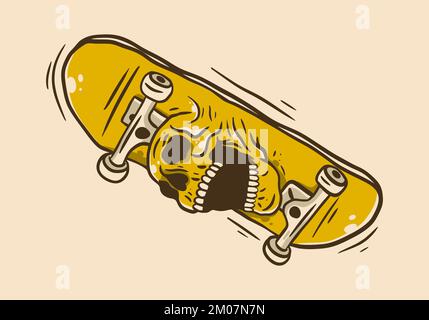 Disegno d'arte vintage di una skateboard e di un cranio Illustrazione Vettoriale