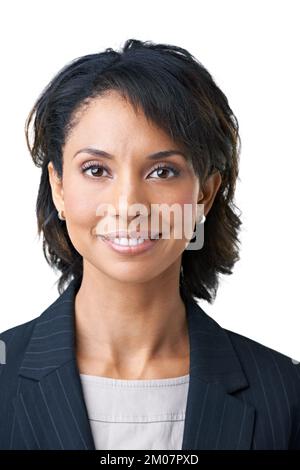 Trasmissione via IR senza problemi. Studio ritratto di una donna d'affari di successo in posa su uno sfondo bianco. Foto Stock