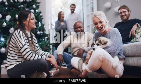 Natale, cane e festa con gli amici nel soggiorno per festeggiare, rilassarsi e feste. Felice, vacanza e Natale con animali domestici e gruppo di persone a casa Foto Stock