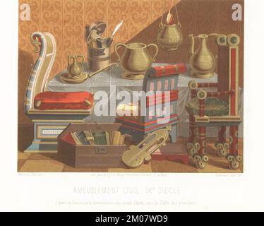 Vari mobili francesi, 9th ° secolo. Scatola di scrittura o escriptoire, strumento musicale chiamato il kinnor o lire, una scatola di libro, sedie, tavolo, vaso, spie dell'olio, ecc. Ameublement Civil, IXe Siecle. Disegnato e litografato da Ferdinand Sere da Les Arts Somptuaires di Charles Louandre, The Sumptuary Arts, Hangard-Mauge, Parigi, 1858. Foto Stock