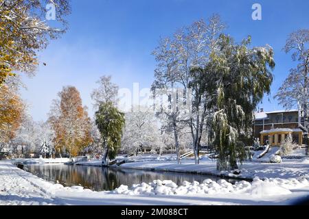 Uno stagno d'acqua accanto agli alberi e un edificio coperto di neve in un parco locale in una giornata di sole inverno Foto Stock