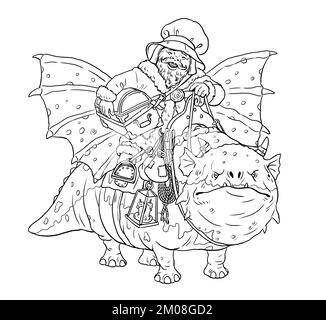 Nana divertente con la cassa del tesoro sul drago. Colorare la pagina con il mago. Modello di colorazione con procedura guidata. Foto Stock