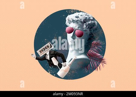 Collage creativo con statua di David businessman e alcol Foto Stock