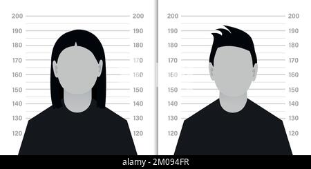 Vista frontale della silhouette sospetta. Silhouette di anonimo uomo e donna con punto interrogativo sullo sfondo del casellario penale o della polizia seriale. vect Illustrazione Vettoriale