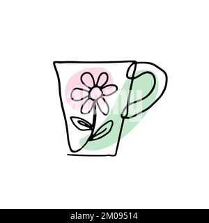 Tazza a linea inky continua disegnata a mano con forme astratte decorate con fiori Illustrazione Vettoriale