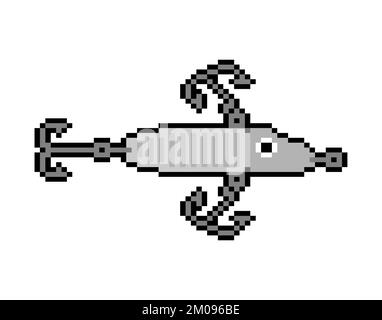 Attrezzatura da pesca a spinner pixel art. 8 bit accessorio per la pesca pixelato Illustrazione Vettoriale