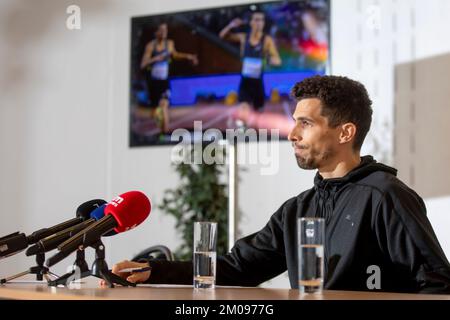 Il belga Jonathan Borlee ha illustrato nel corso di una conferenza stampa dei fratelli Borlee per discutere il loro futuro sportivo, lunedì 05 dicembre 2022 a Bruxelles. BELGA FOTO HATIM KAGHAT Foto Stock