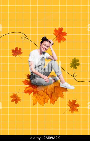 Creative retro 3D rivista collage immagine di sorridente felice signora seduta fogliame godendo autunno tempo isolato pittura sfondo Foto Stock