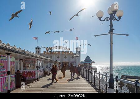 Flying Seagulls, Palace Pier, Brighton, Inghilterra, Regno Unito, Europa Foto Stock