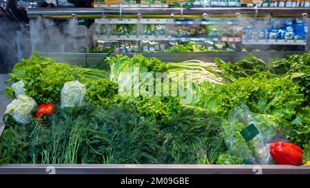 Vendita di verdure fresche verdi - insalata di lattuga, prezzemolo, aneto, cipolle verdi, erbe aromatiche. Erbe fresche in esposizione presso il negozio di alimentari sotto il vapore di acqua di raffreddamento. Foto Stock