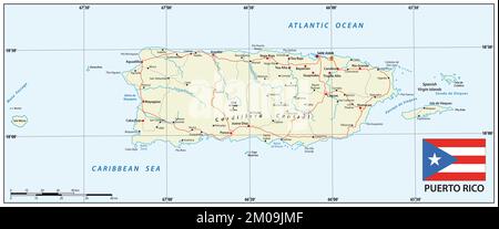 Mappa stradale del territorio americano degli Stati Uniti Puerto Rico con bandiera Foto Stock