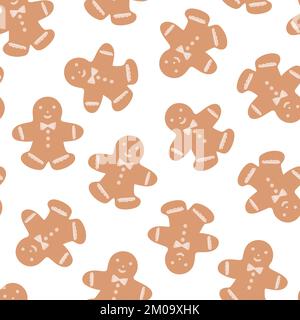 Piccolo simpatico simpatico divertente gingerbread uomo tradizionale Natale vacanza cookie senza cuciture modello, dolce stagionale per la cena di festa, semplice disegnato a mano Illustrazione Vettoriale