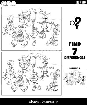 Cartoon in bianco e nero illustrazione di trovare le differenze tra le immagini di gioco educativo con divertente clown caratteri gruppo pagina da colorare Illustrazione Vettoriale