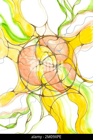Illustrazione neurografica disegnata a mano di Sun. Pittura colorata disegnata con acquerelli e pennarelli multicolore. Arte terapia. Foto Stock