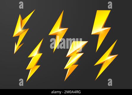 Set di fulmini, thunderbolt e icone di corto circuito, scarica elettrica e fulmini, vettore Illustrazione Vettoriale