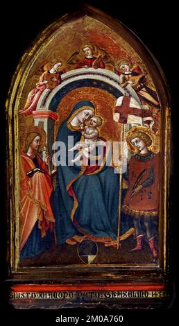 Vergine e Bambino tra i santi Vittore e Giacobbe. 1450. Di Priamo della quercia (1400–1467) Volterra, Pinacoteca, Italia, Foto Stock