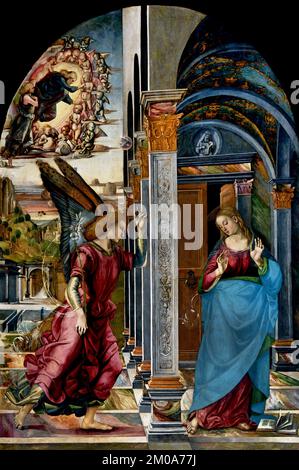 Annunciazione 1491 di Luca Signorelli ( 1441/1445 – 16 ottobre 1523) pittore rinascimentale italiano di Cortona in Toscana Italia, italiano, Annunciazione, rappresenta la storia biblica, in cui, Arcangelo Gabriele, annuncia alla Vergine Maria, che è stata scelta per essere la madre di Gesù, nascita di Cristo, Foto Stock