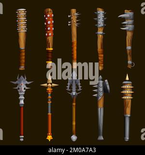 Fantasy club medievale arma gioco asset. Martello da fiaba, antico arma di fucile RPG gioco inventario elemento vettore. Hatchet guerra magica, club di legno fantasy con punte in metallo e pale GUI icone Illustrazione Vettoriale