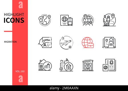 Migrazione internazionale - insieme di icone moderne di stile design di linea Illustrazione Vettoriale