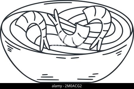 Spaghetti di udon giapponesi con illustrazione di spaghetti di gamberetti. Contorno semplice tradizionale piatto asiatico di pesce. Vettore di cibo asiatico Illustrazione Vettoriale