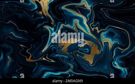 Lussuoso marmo turchese blu e texture oro. Sfondo di alta qualità nella tecnica dell'inchiostro alcolico. Blu oceano marmorizzazione con vortici e macchie d'oro, polvere Foto Stock