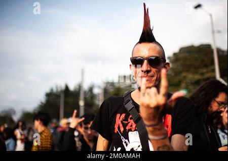 I concertisti si posano per un ritratto durante il terzo giorno della rimonta del festival musicale 'Rock al Parque', il più grande festival rock dell'america latina A. Foto Stock