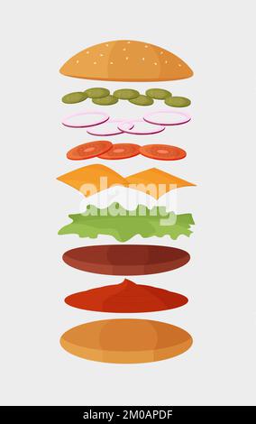 Ingredienti per hamburger. Panino, cotoletta, pomodori, cetrioli, cipolle, formaggio, ketchup e lattuga. Illustrazione vettoriale di icone piatte su sfondo bianco. Illustrazione Vettoriale