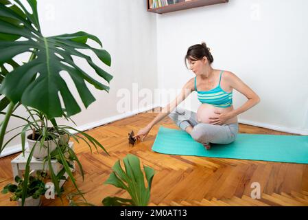 Giovane donna caucasica incinta fare fitness da allenamento online. Yoga per donne incinte on-line. Allenamenti su Internet per donne incinte. Sport on-line tr Foto Stock