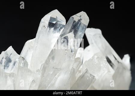 Primo piano di pure quarzo Crystal Cluster su sfondo nero. Cristalli naturali crescenti di quarzo chiaro Foto Stock