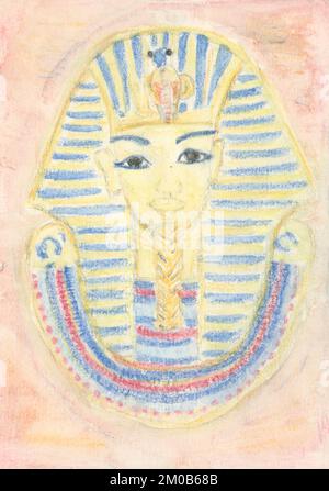 Maschera d'oro del faraone egiziano disegnata a mano. Faraone Tutankhamon dell'antico Egitto. Illustrazione acquerello. Foto Stock