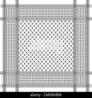 Keffiyeh palestinese, sciarpa bianca e nera a scacchi, con foglie di rete di pesce e di olive, sfondo senza cuciture. Illustrazione Vettoriale