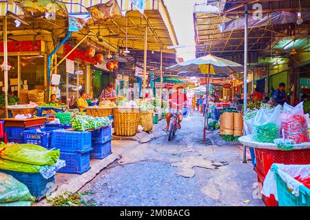 BANGKOK, THAILANDIA - 23 APRILE 2019: Il vicolo tra bancarelle di verdure che offrono frutta, verdura e verde, Wang Burapha Phirom marchio agricolo Foto Stock