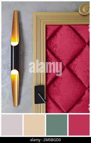 Campioni di colore di testiera in velluto e colori trendy della tavolozza dei versi magenta dell'anno 2023. Nuovi colori alla moda grigio sabbia, grigio lilla, grigio agata e. Foto Stock