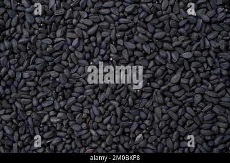 Texture macro cumino nero. Fondo closeup semi nigella intero. Kalonji secco per la progettazione e la cottura degli alimenti. Concetto di spezia e stagionata biologica. Foto Stock