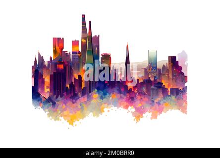 Città vettoriale con skyline grattacieli in acquerelli isolati su sfondo chiaro Illustrazione Vettoriale