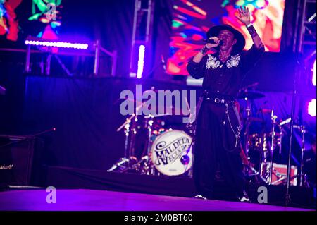 Bogota, Colombia. 04th Dec, 2022. La band messicana 'la Maldita Vecindad y lo Hijos del Quinto patio' perfeziona durante il giorno di chiusura del festival musicale 'Rock al Parque' a Bogotà, Colombia, il 4 dicembre 2022. (Foto di Sebastian Barros/NurPhoto) Credit: NurPhoto/Alamy Live News Foto Stock