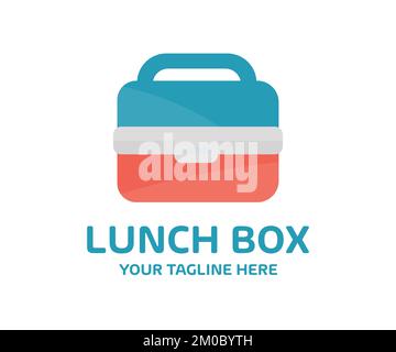 Logo Healthy Lunch Box. Contenitore in plastica per alimenti. Sacchetti di spuntini con disegno e illustrazione del vettore dell'alimento sano. Illustrazione Vettoriale