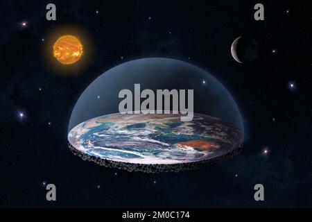 Pianeggiante Terra nello spazio con sole e luna. Teoria della cospirazione terrestre del pianeta piatto. Il modello della Terra piatta è una concezione arcaica. Elementi forniti dalla NASA. Foto Stock