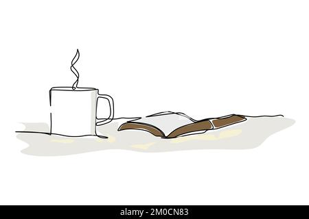 Il fumo esce da una tazza calda di caffè e da un libro sul morbido letto. Un disegno a linea continua di tipo disegno disegnato a mano per il concetto di hygge Illustrazione Vettoriale