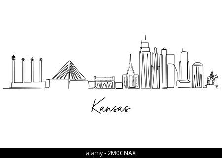 Un disegno a linea continua dello skyline di Kansas City. Bellissimo punto di riferimento. Mondo paesaggio turismo viaggio casa parete decorazione poster stampa. Elegante singolo li Illustrazione Vettoriale