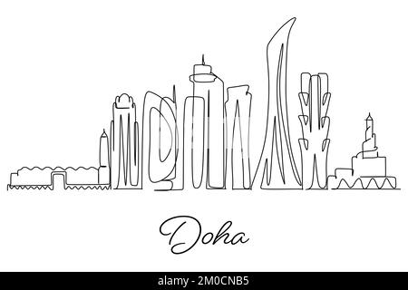 Lo skyline di Doha City of Qatar. Semplice disegno a linea continua ad una linea per il turismo business concept e pubblicità. Stile disegnato a mano a linea singola Illustrazione Vettoriale