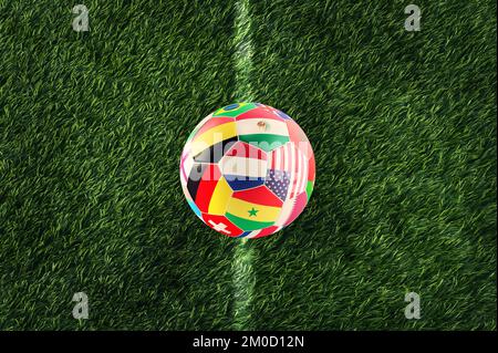 3d rendering di calcio soccerball con le bandiere nazionali della squadra del qatar 2022 Foto Stock