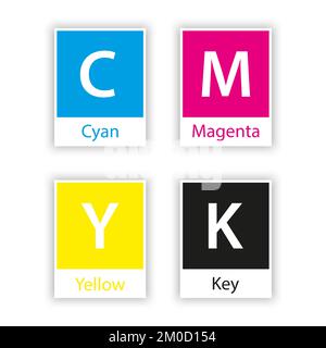 Campione separato in colore cmyk con nome colore isolato su sfondo bianco, ciano, magenta, giallo, nero, tasto Illustrazione Vettoriale