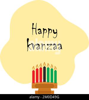 Candelabro di legno con sette candele nel colore della bandiera africana e l'iscrizione Happy Kwanzaa. Isolare. Adatto per lettere, striscioni, poster, inviti, brochure o biglietti, tag prezzo, etichetta Illustrazione Vettoriale