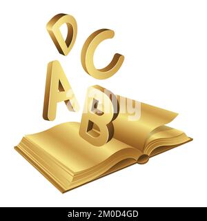 Libro aperto d'oro con lettere A B C D su sfondo bianco Illustrazione Vettoriale