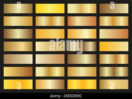 Set vettoriale di gradienti metallici dorati. Collezione Swatches. Sfumatura lucida impostata su sfondo nero. Struttura metallica Illustrazione Vettoriale