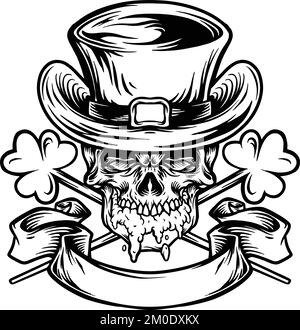Cranio Mascotte per St Patricks Beer Day illustrazioni vettoriali monocromatiche per il tuo logo di lavoro, maglietta di merchandising, adesivi e disegni di etichette, poster Illustrazione Vettoriale